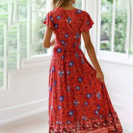 Boho Chic Floral V-Neck Maxi Dress with Flowy Skirt - Très Elite