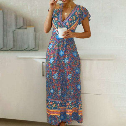 Boho Chic Floral V-Neck Maxi Dress with Flowy Skirt - Très Elite
