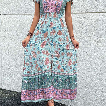 Boho Chic Floral V-Neck Rayon Dress with Slit for Women - Très Elite