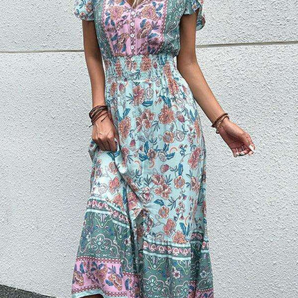 Boho Chic Floral V-Neck Rayon Dress with Slit for Women - Très Elite