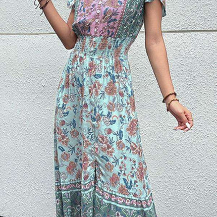 Boho Chic Floral V-Neck Rayon Dress with Slit for Women