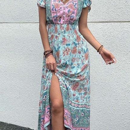 Boho Chic Floral V-Neck Rayon Dress with Slit for Women - Très Elite
