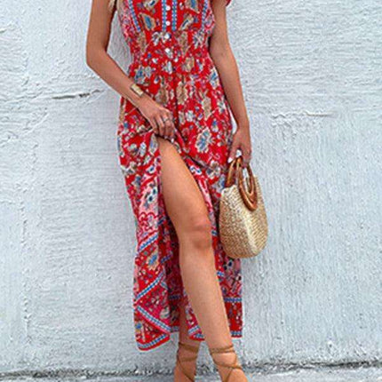 Boho Chic Floral V-Neck Rayon Dress with Slit for Women - Très Elite