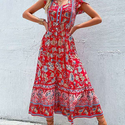 Boho Chic Floral V-Neck Rayon Dress with Slit for Women - Très Elite