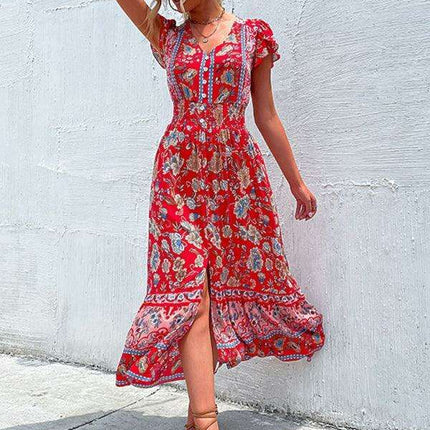 Boho Chic Floral V-Neck Rayon Dress with Slit for Women - Très Elite