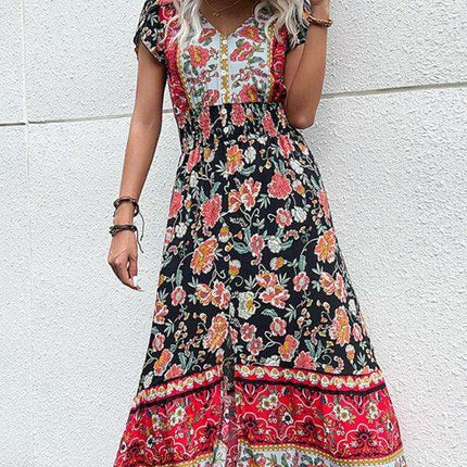 Boho Chic Floral V-Neck Rayon Dress with Slit for Women
