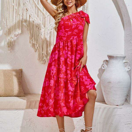 Boho Chic Off-Shoulder Printed Dress with Adjustable Straps and Waist Tie - Très Elite