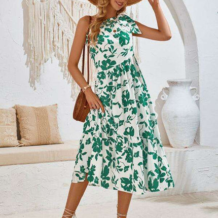 Boho Chic Off-Shoulder Printed Dress with Adjustable Straps and Waist Tie - Très Elite