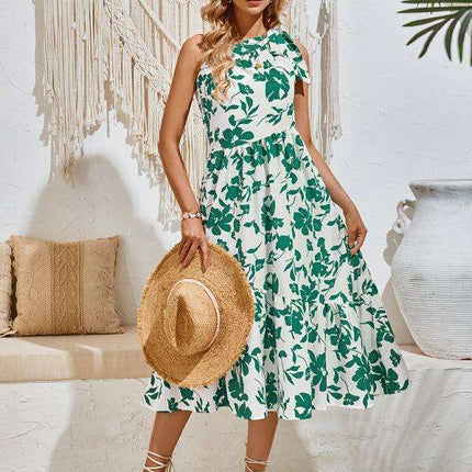 Boho Chic Off-Shoulder Printed Dress with Adjustable Straps and Waist Tie - Très Elite