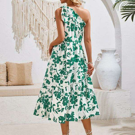 Boho Chic Off-Shoulder Printed Dress with Adjustable Straps and Waist Tie - Très Elite