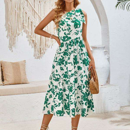 Boho Chic Off-Shoulder Printed Dress with Adjustable Straps and Waist Tie - Très Elite