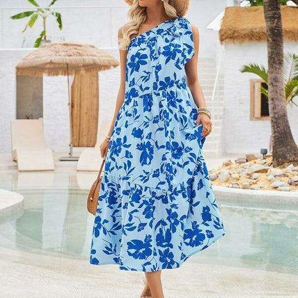 Boho Chic Off-Shoulder Printed Dress with Adjustable Straps and Waist Tie - Très Elite