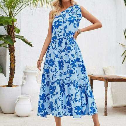 Boho Chic Off-Shoulder Printed Dress with Adjustable Straps and Waist Tie - Très Elite