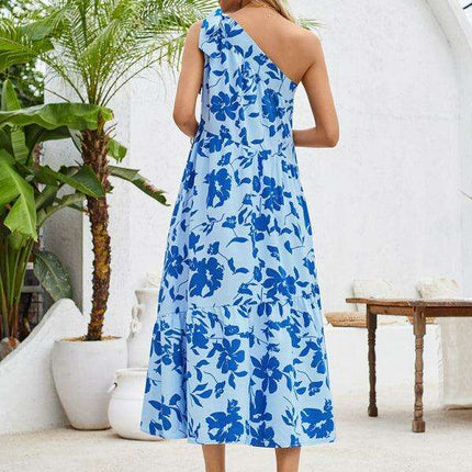 Boho Chic Off-Shoulder Printed Dress with Adjustable Straps and Waist Tie - Très Elite