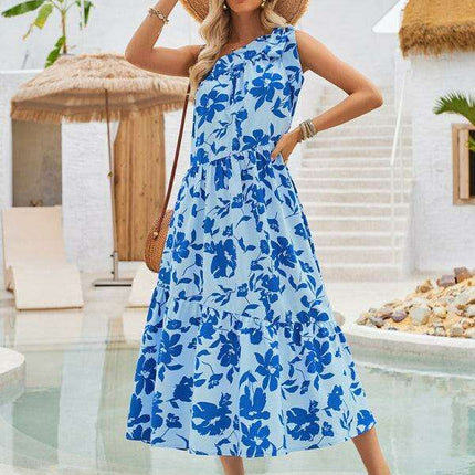 Boho Chic Off-Shoulder Printed Dress with Adjustable Straps and Waist Tie - Très Elite