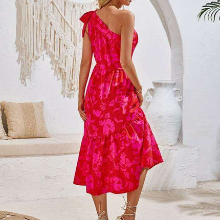 Boho Chic Off-Shoulder Printed Dress with Adjustable Straps and Waist Tie - Très Elite