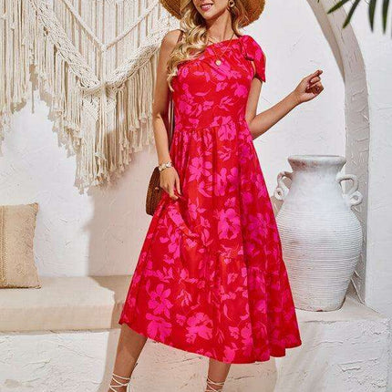 Boho Chic Off-Shoulder Printed Dress with Adjustable Straps and Waist Tie - Très Elite