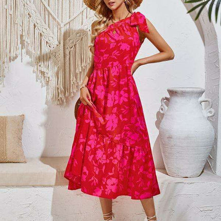 Boho Chic Off-Shoulder Printed Dress with Adjustable Straps and Waist Tie - Très Elite