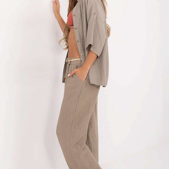 Boho Women Wide Leg Trousers Beige Viscose Linen 214060