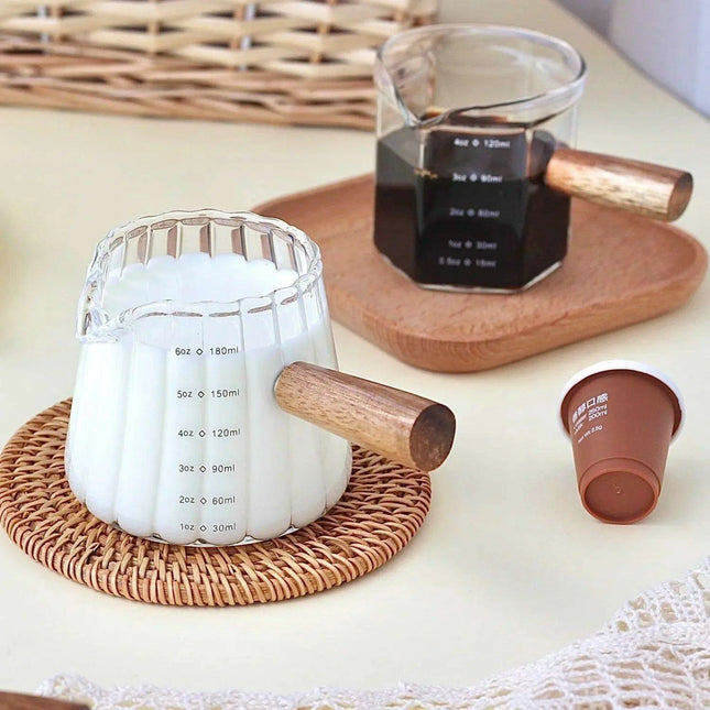 Borosilicate Glass Milk Cup Set with Wooden Handle and Measuring Tools for Espresso and Baking - Très Elite