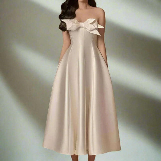 Bowknot A-Line Evening Dress with Slash Neck and Sleeveless Design for Women