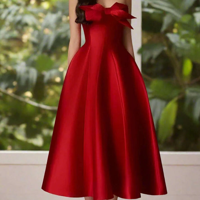 Bowknot A-Line Evening Dress with Slash Neck and Sleeveless Design for Women