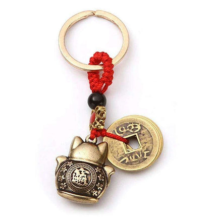 Brass Lucky Cat Keychain with Fortune Coin for Abundant Blessings.