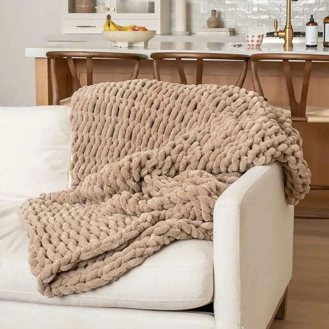 Brown Boho Chunky Vegan Chenille Knit Throw Blanket - Cozy Polyester Blend