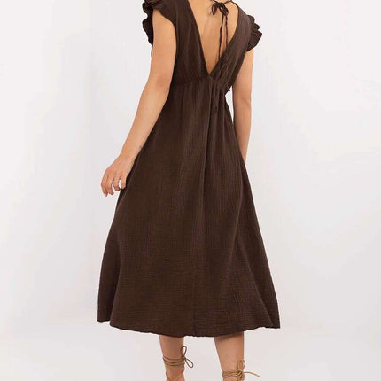 Brown Cotton Daydress Midi With Flared Silhouette Light - Très Elite