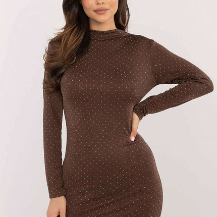 Brown Evening Dress Pencil Mini With Sleeves High Collar - Très Elite