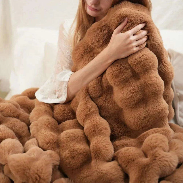 Brown Faux Rabbit Fur Cozy Throw Blanket - Luxuriously Soft 60'' X 80'' Plush Blanket