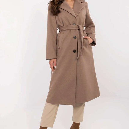Brown Knee Length Womens Coat 211298 Polyester Elastane - Très Elite