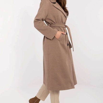 Brown Knee Length Womens Coat 211298 Polyester Elastane - Très Elite