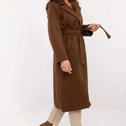 Brown Knee Length Womens Coat 211298 Polyester Elastane - Très Elite