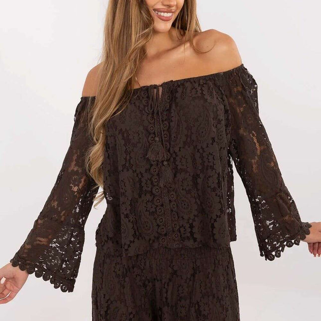 Brown Lace Blouse Model 214304 With Cotton Nylon Blend