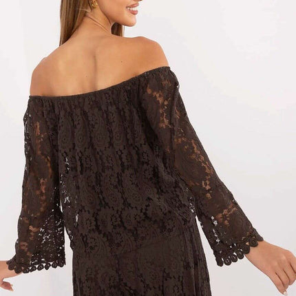 Brown Lace Blouse Model 214304 With Cotton Nylon Blend - Très Elite