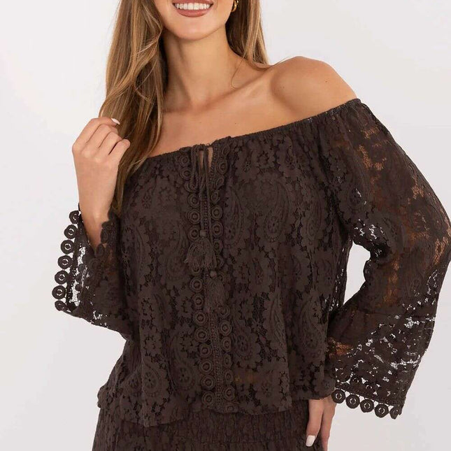 Brown Lace Blouse Model 214304 With Cotton Nylon Blend