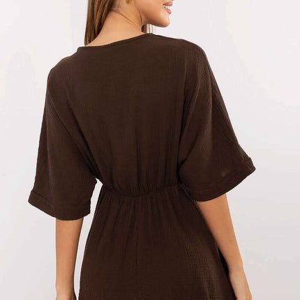 Brown Muslin Jumpsuit Short Sleeve Wrap Neckline For Summer - Très Elite