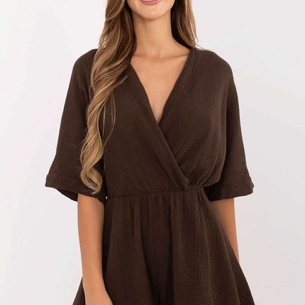 Brown Muslin Jumpsuit Short Sleeve Wrap Neckline For Summer