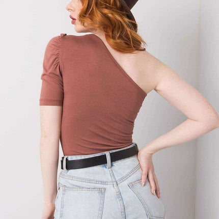 Brown One Sleeve Casual Blouse With Asymmetrical Neckline - Très Elite