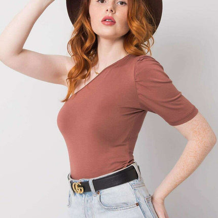 Brown One Sleeve Casual Blouse With Asymmetrical Neckline - Très Elite