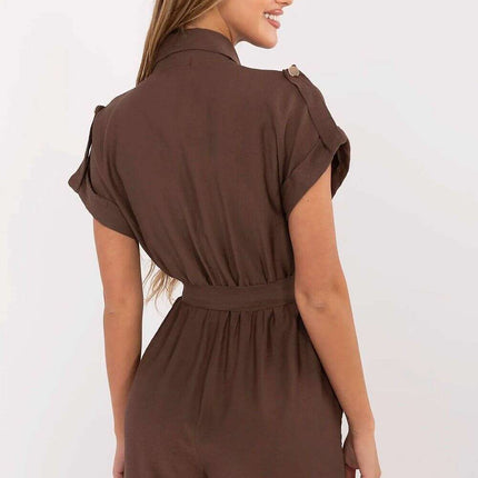 Brown Short Jumpsuit With Collar Front Button Viscose Nylon - Très Elite