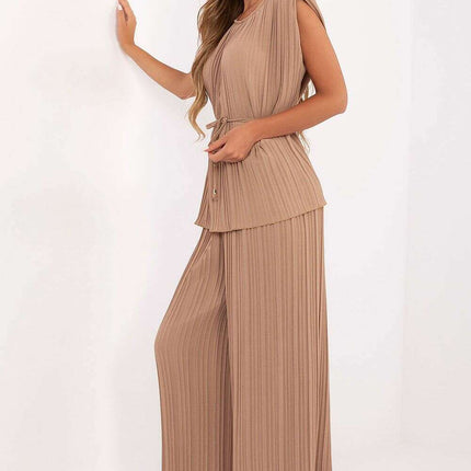 Brown Two Piece Pleated Set 215406 With Sleeveless Blouse - Très Elite