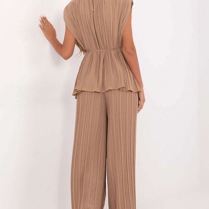 Brown Two Piece Pleated Set 215406 With Sleeveless Blouse - Très Elite