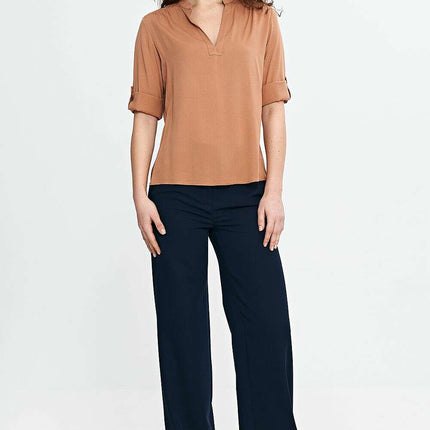 Brown V Neck Blouse Model 210091 Lightweight Viscose Pleats - Très Elite