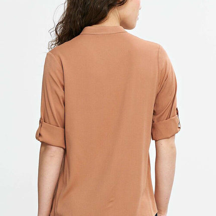 Brown V Neck Blouse Model 210091 Lightweight Viscose Pleats - Très Elite