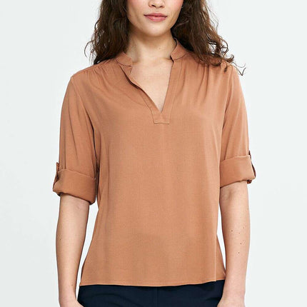 Brown V Neck Blouse Model 210091 Lightweight Viscose Pleats - Très Elite