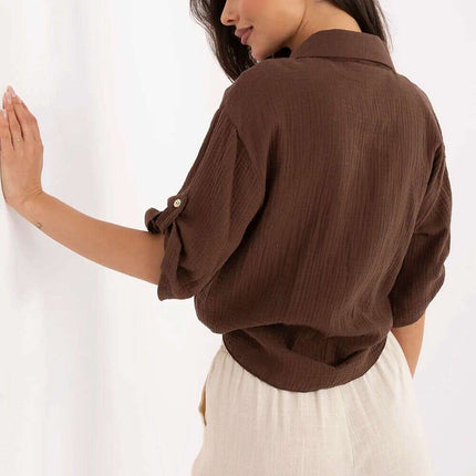 Brown Women Shirt 213435 Tie Hem Three Quarter Sleeves - Très Elite