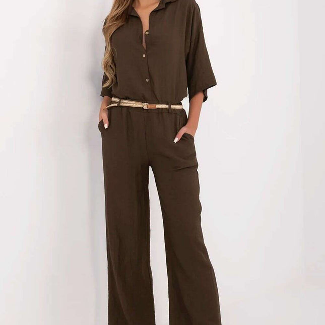 Brown Women Trousers 214059 Boho High Waist Wide Leg Pants