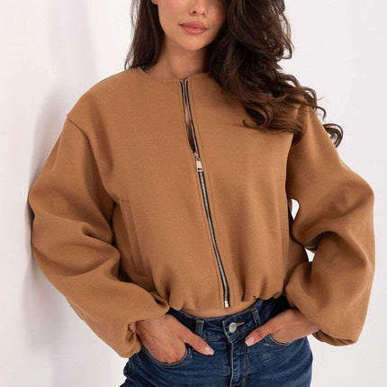 Brown Womens Jacket 216703 Short Transitional Zipper Pockets - Très Elite